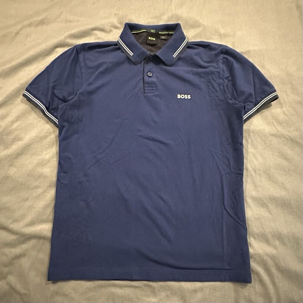 Hugo Boss Paul Polo Mens M Slim Fit Stretch Shirt Constrast Collar Cuffs Luxury